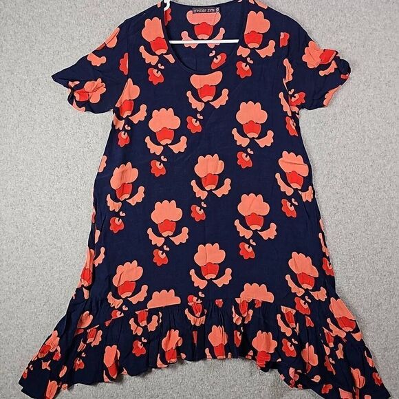 Mister Zimi Womens Dress Long Sleeve Navy Blue Orange Oversize Size 10 Viscous - Picture 2 of 10